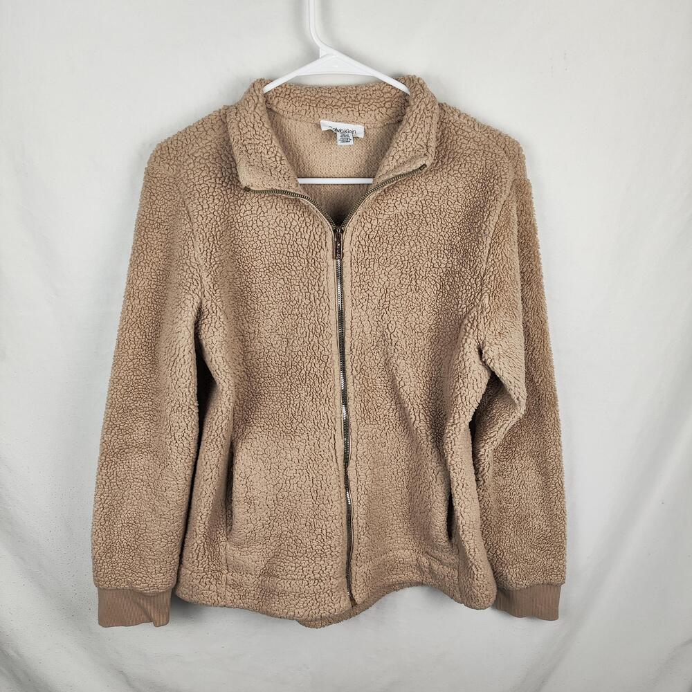 Calvin Klein Jacket Womens Medium Beige Sherpa Fleece Full Zip Pockets Cozy